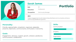 A professional woman with a red blazer, presenting a portfolio PowerPoint slide with personal and skills details.