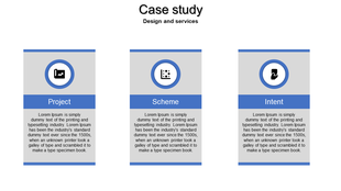 Case study layout with three gray and blue cards, each containing an icon, title, and placeholder text.