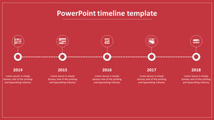 Horizontal timeline from 2014 to 2018 on a red background, featuring circular icons connected by a dotted line.