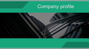 Company profile cover featuring a sleek glass building perspective, framed by green design elements.
