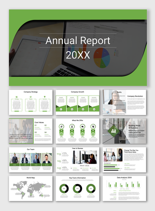 Annual report presentation slides on company strategy, growth, core values, and key facts with icons.