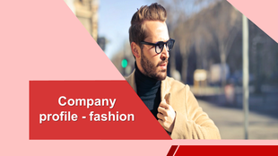 Fashion-themed slide featuring a stylish man wearing sunglasses with a modern red and pink geometric design.