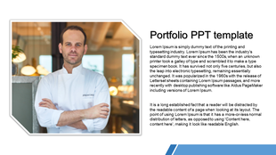 Portfolio slide with a chef in a white uniform on the left, framed in a hexagonal border, and text content on the right.