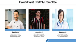 Portfolio slide displaying three professional portraits: a chef, a casually dressed man, and a doctor, each with a caption.