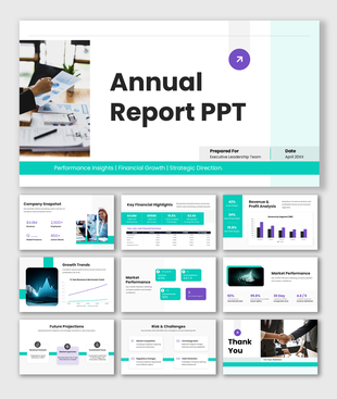 Annual report PPT with teal design, charts, KPIs, and clean layouts for clear financial and business insights.