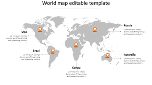 World map with location markers and text placeholders for various countries, including USA and Australia.