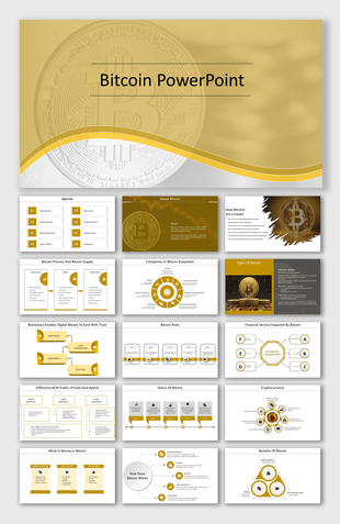 Bitcoin slide deck with gold theme, including charts, diagrams, and information on cryptocurrency basics.