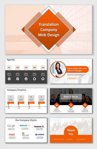 A translation company profile slides with a modern, orange themed design including agenda, company timeline, and client logos.