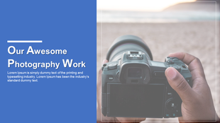 Photography PowerPoint template with a camera held by a hand and text describing the work.