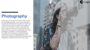 Photography slide featuring a large left-aligned text section and a semi-transparent image of a stylish photographer. 