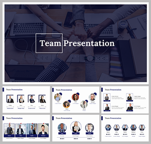 Business team members slide deck featuring a group of hands coming together in a fist bump, with laptops and office items.