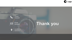 Thank you PPT slide with contact information and a camera in the background.