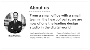 About Us PowerPoint template with a professional portrait of Robert Williams and company description.