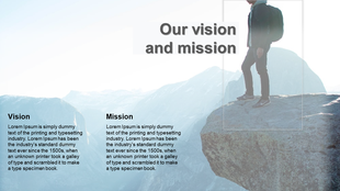 Slide with a mountain backdrop, displaying vision and mission text sections alongside an image of a person on a peak.