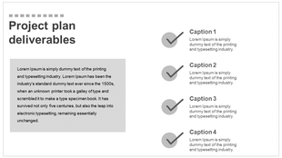 Slide for project plan deliverables, featuring four captions with checkmark icons and text placeholders for each task.