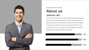 About us section featuring placeholder text and progress bars for different competencies Profile slide with a smiling man.