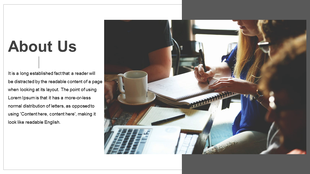 About us slide with a photo of people working together with coffee cups and notebooks, and text on the left.