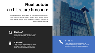 Real estate marketing PPT slide featuring a modern building and space for captions and contact information.