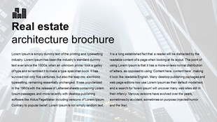 Real estate architecture brochure slide with a modern skyscraper background and descriptive text on the industry.