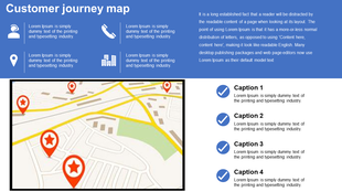 Customer journey slide featuring a map with red location markers, four icons and captions in blue theme.