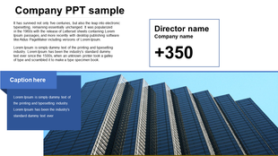 Company slide featuring a building background with sections for the director name, and statistics with a blue caption box.