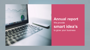 Business report slide featuring a laptop displaying an analytics dashboard, a smartphone on the desk, and a pink section.