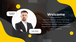 Welcome slide with a photo of a man in a white circle and a message, over a dark background with yellow accents.