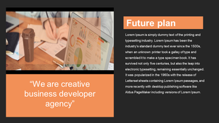 Project plan PowerPoint slide with a laptop displaying charts, a coffee cup, and a quote about business development.