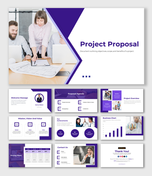 A project proposal slide featuring sections for objectives, pricing plans, and team information on a purple and white theme.
