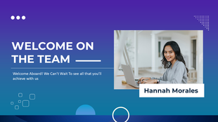 Welcome slide featuring bold white text, geometric accents, and a photo of a smiling woman using a laptop on the right.