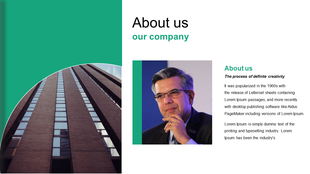 About us slide with a building photo on a green backdrop, and a business professional image and text on the right.