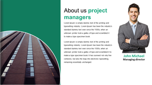 Company profile slide with a layout, displaying a office building, project manager introduction, and a smiling businessman.