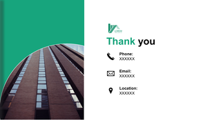 Thank you slide with a green and white layout, featuring a curve building image on the left and contact details on the right.
