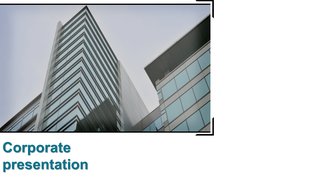 Corporate slide featuring a geometric border around a high rise office building, with a clean white layout and blue text.