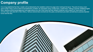 Company profile PowerPoint template with an image of a modern building and teal background.