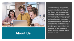 About Us slide with a workspace photo of smiling colleagues, a structured layout, and a descriptive text area.