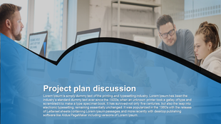 Project planning discussion slide with a blue overlay, professionals working on laptops, and structured white text.