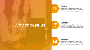 Why choose us slide with a blurred background of two women using a laptop with three orange hexagonal icons and captions.