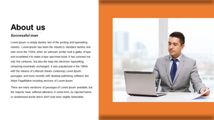About us PowerPoint template with an image of a successful man working on a laptop and text about the printing industry.