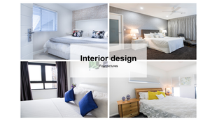 Interior design slide featuring modern bedroom images with neutral tones, decorative pillows, and contemporary furniture.