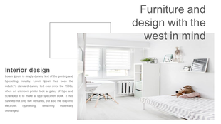Modern interior design slide showcasing a bright white bedroom with a study corner, decorative elements, and a sleek bed.