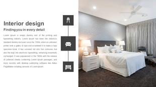 Interior design slide with a modern bedroom interior focus on clean lines, comfortable furnishings, and stylish lighting.