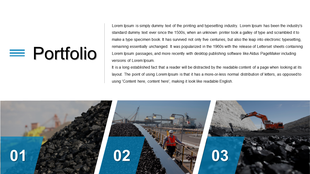 Portfolio slide with a text section and three images below showcasing coal mining, industrial operations, and excavation.