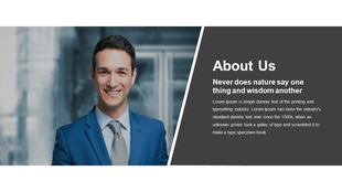 About Us slide with a split layout, featuring a smiling businessman in a blue suit and a dark background text section.