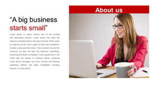 About us PowerPoint slide with a woman smiling while working on a laptop, accompanied by a placeholder text.