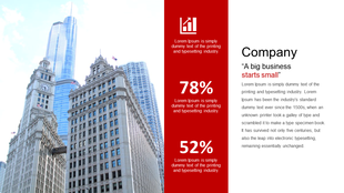 Company design slide with high-rise buildings, business statistics in red, and a tagline about business growth.