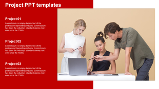 Project presentation slide with three people discussing and working together at a table overlaid with placeholder text.