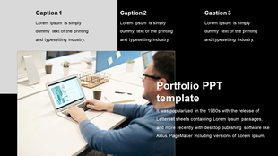 Portfolio template with three captions on a dark and gray backdrop, beside an image of a person working on a laptop.