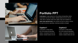 Modern portfolio PowerPoint template with two images of people working on laptops and two captions.