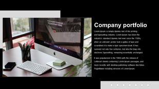 Portfolio slide with a black background, featuring two images of professionals working on laptops and a text section.